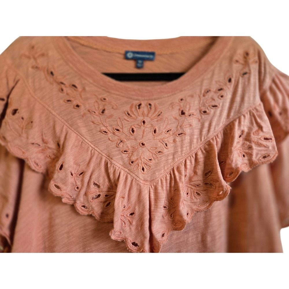 Democracy Womens 2X Boho Fairy Terracotta Eyelet Ruffle Flutter Sleeve Knit Top - Picture 2 of 8